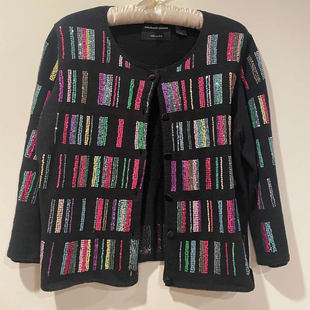 Michael Simon Black Beaded Crop Cardigan Sweater S 4 6